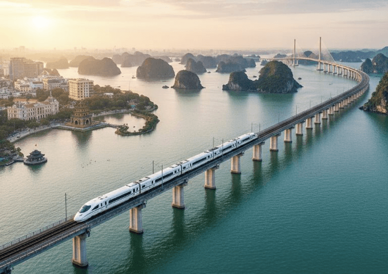 Kh&ocirc;ng chỉ l&agrave;m si&ecirc;u đường sắt tốc độ 350km/h, tỷ ph&uacute; Phạm Nhật Vượng c&ograve;n cho x&acirc;y 9 cầu vượt s&ocirc;ng, 11 cầu cạn, dự kiến 2028 người Việt đi từ VEC tới Hạ Long chỉ mất 23 ph&uacute;t - Ảnh 1.